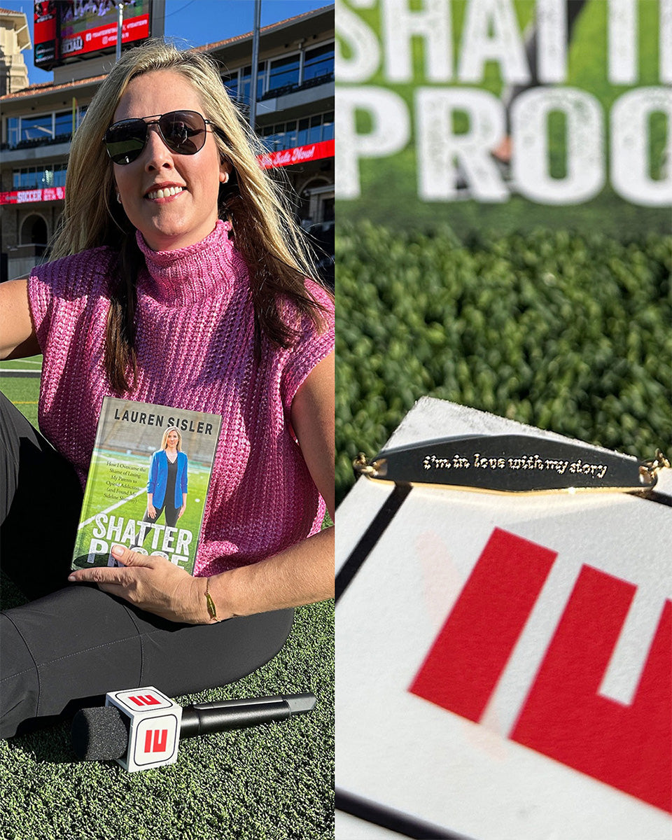 Close-up photo of Lauren Sisler’s Presently bracelet engraved with