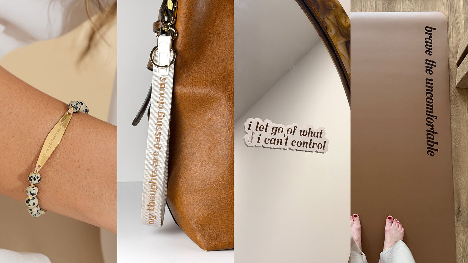 Presently therapy-inspired reminders shown as an engraved gemstone bracelet, keychain wristlet, mirror decal, and “Brave the Uncomfortable” yoga mat
