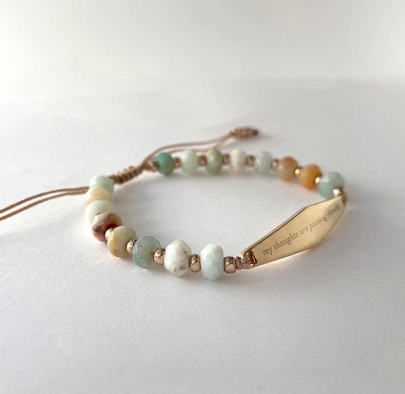 Gold Amazonite gemstone statement bracelet engraved with the phrase 