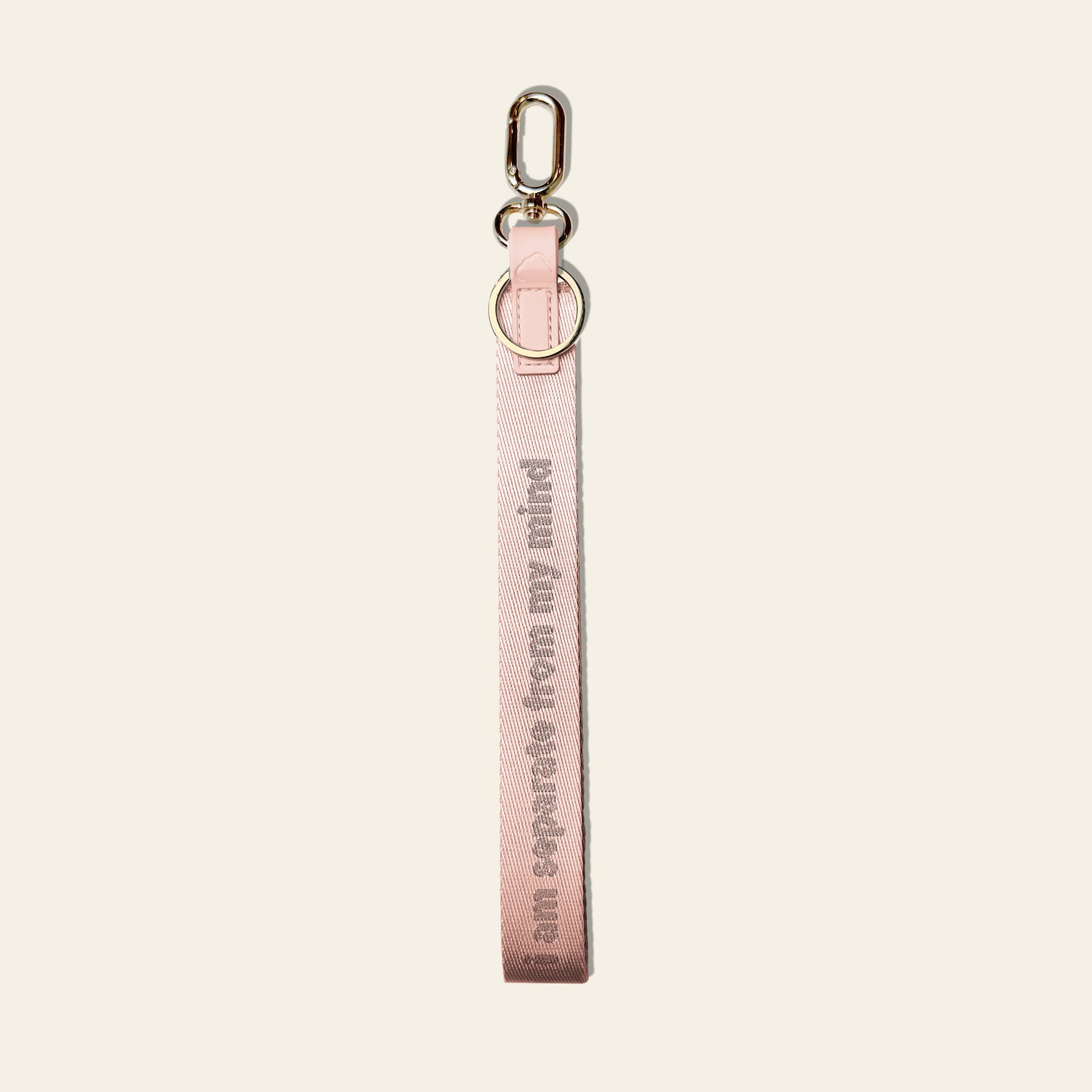 A light pink fabric keychain strap with a silver metal lobster clasp and D-ring, featuring the text 'I am separate from my mind' printed vertically in a darker pink tone, set against a solid off-white background.