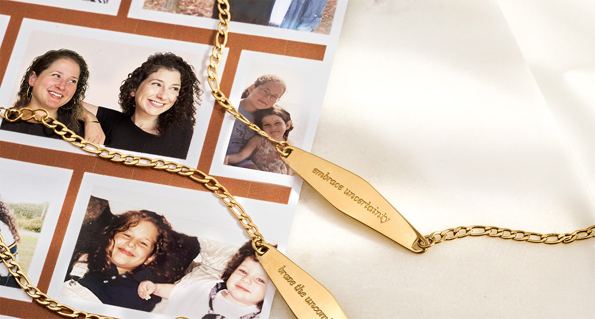 A group of Presently bracelets laid over a collage featuring childhood and adult photos of the founders, Lindsay and Emily. The collage highlights their growth and the inspiration behind the brand's focus on mental health support and thoughtful reminders.