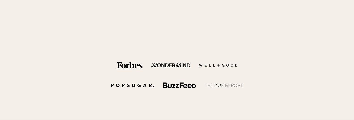 A minimalist beige graphic featuring a vertical list of media and brand names in black text, including Forbes, Wondermind, Well+Good, Popsugar, BuzzFeed, and The Zoe Report.