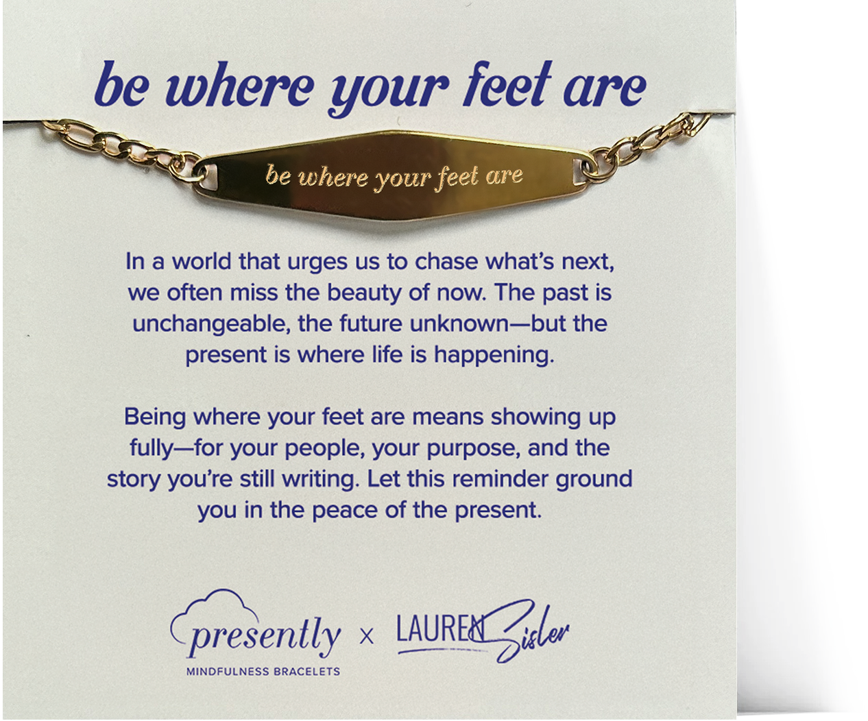 Gold bracelet with engraved message on a white card with text and branding.