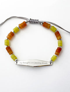 Silver Lemon Agate Beaded Bracelet with the phrase "my thoughts are passing clouds"