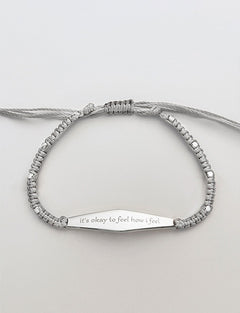 Silver Macrame Bracelet with the phrase "it's okay to feel how i feel"