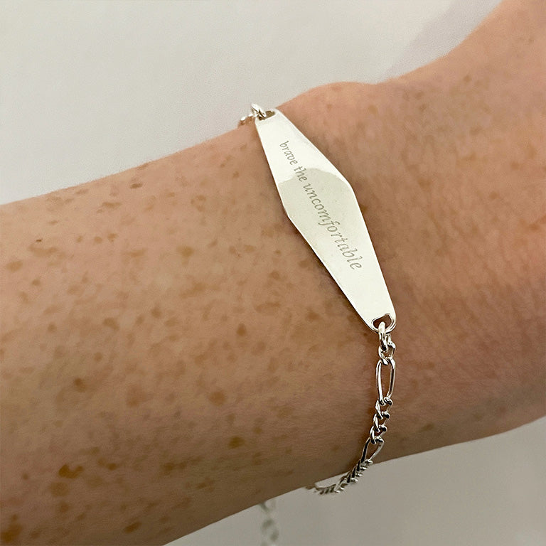 Silver Figaro Mindfulness Bracelet Engraved with the phrase 